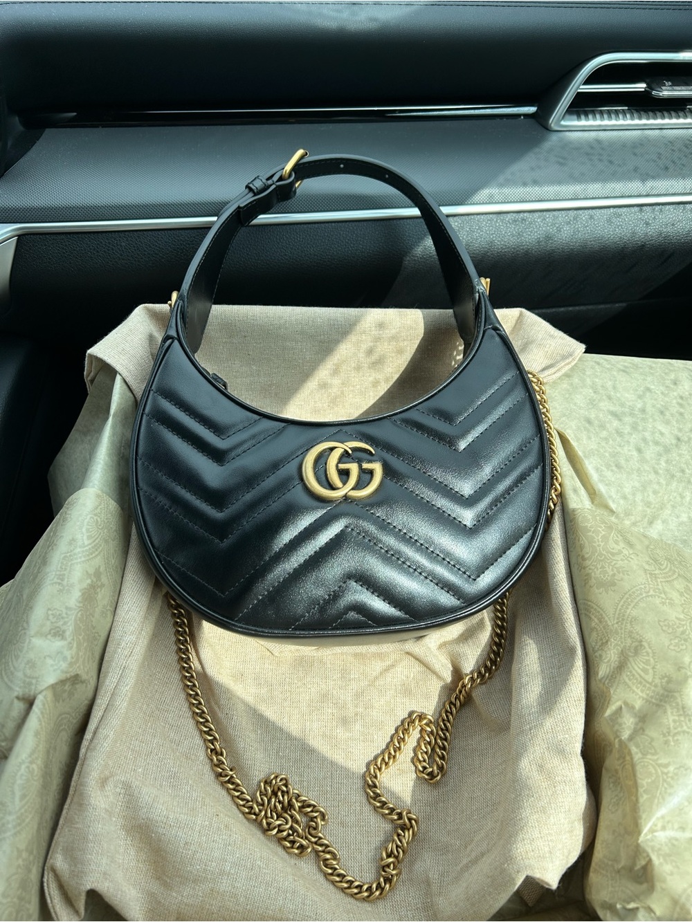 Gucci Half Moon Black Quilted Leather Shoulder Bag with Gold GG Hardware